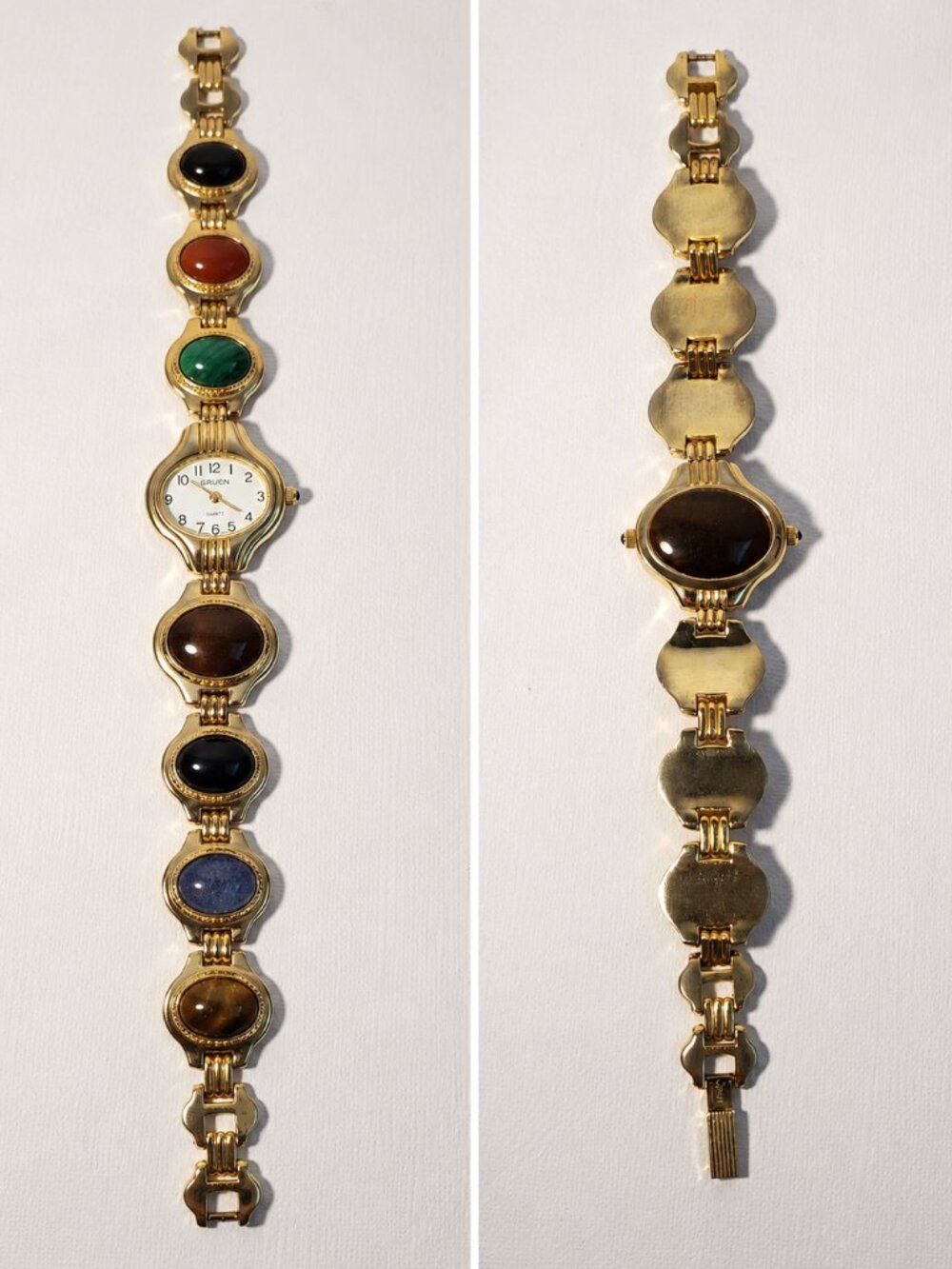 VTG 90's GRUEN Quartz Gemstone Bracelet Dual Face Watch 18K Tiger Eye Malachite